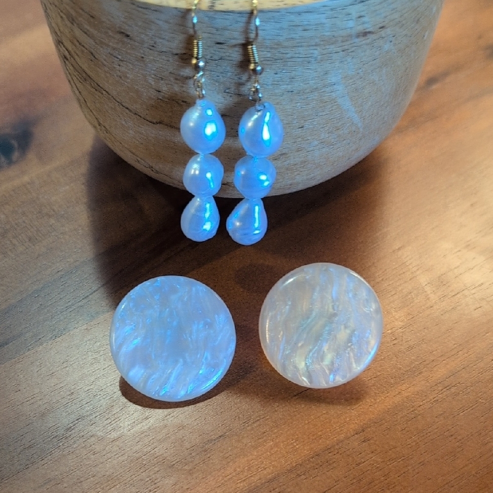 Lot of 2 New Handmade Earrings Gold & White Dangle Faux Pearls & Cream Buttons